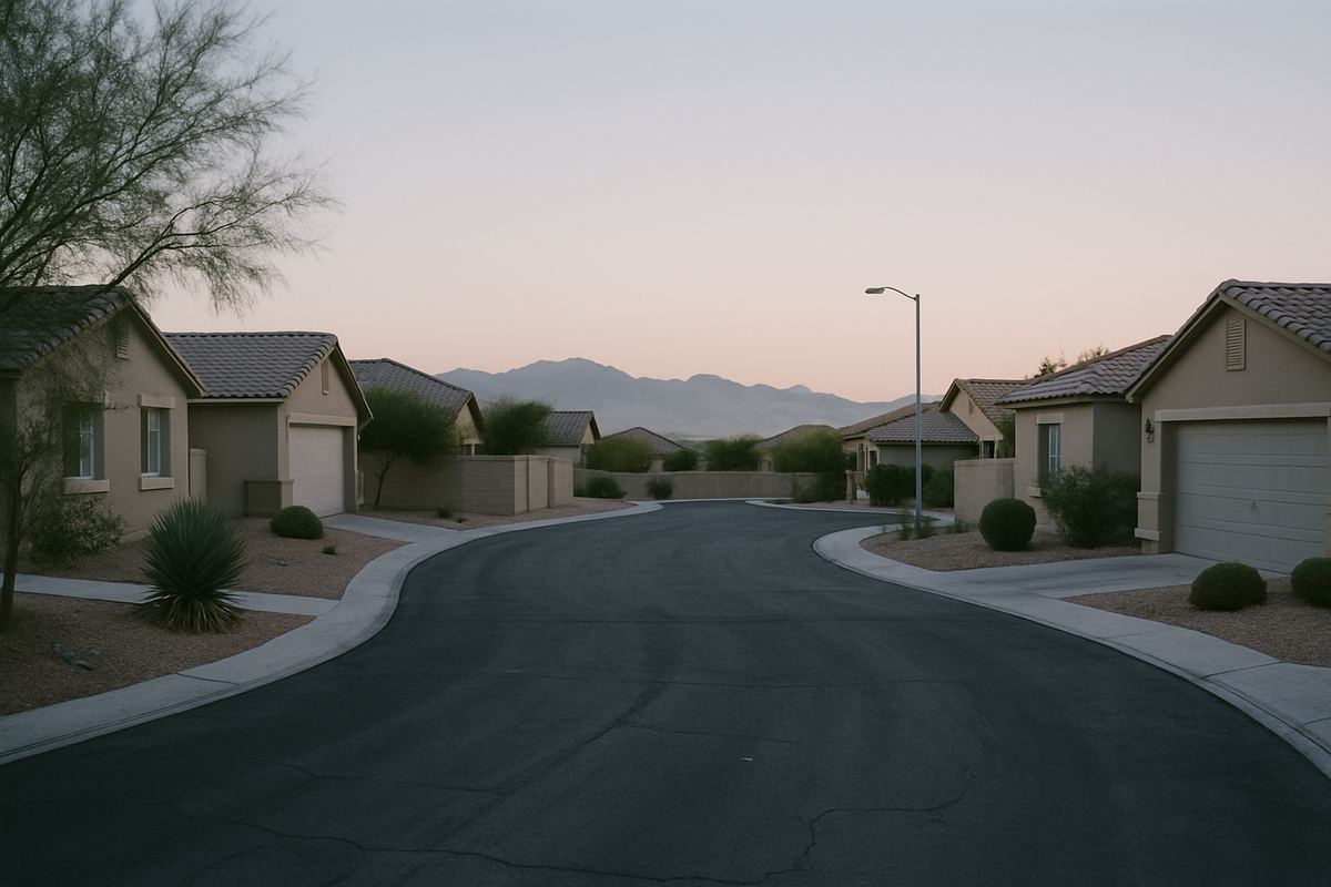 Quiet Las Vegas cul-de-sac of stucco homes at dusk