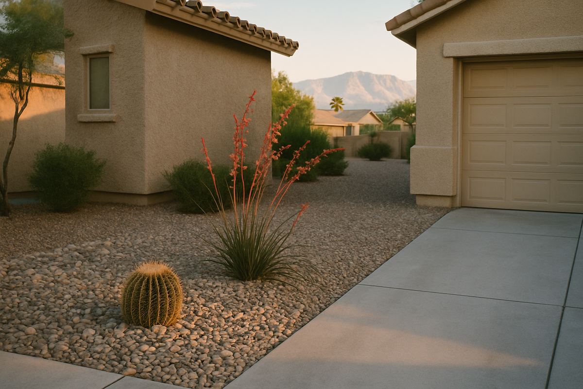 Desert front yard with cactus and river rock beside a driveway
