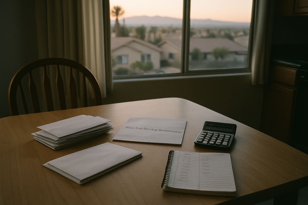 Kitchen table with envelopes, a notepad and a calculator