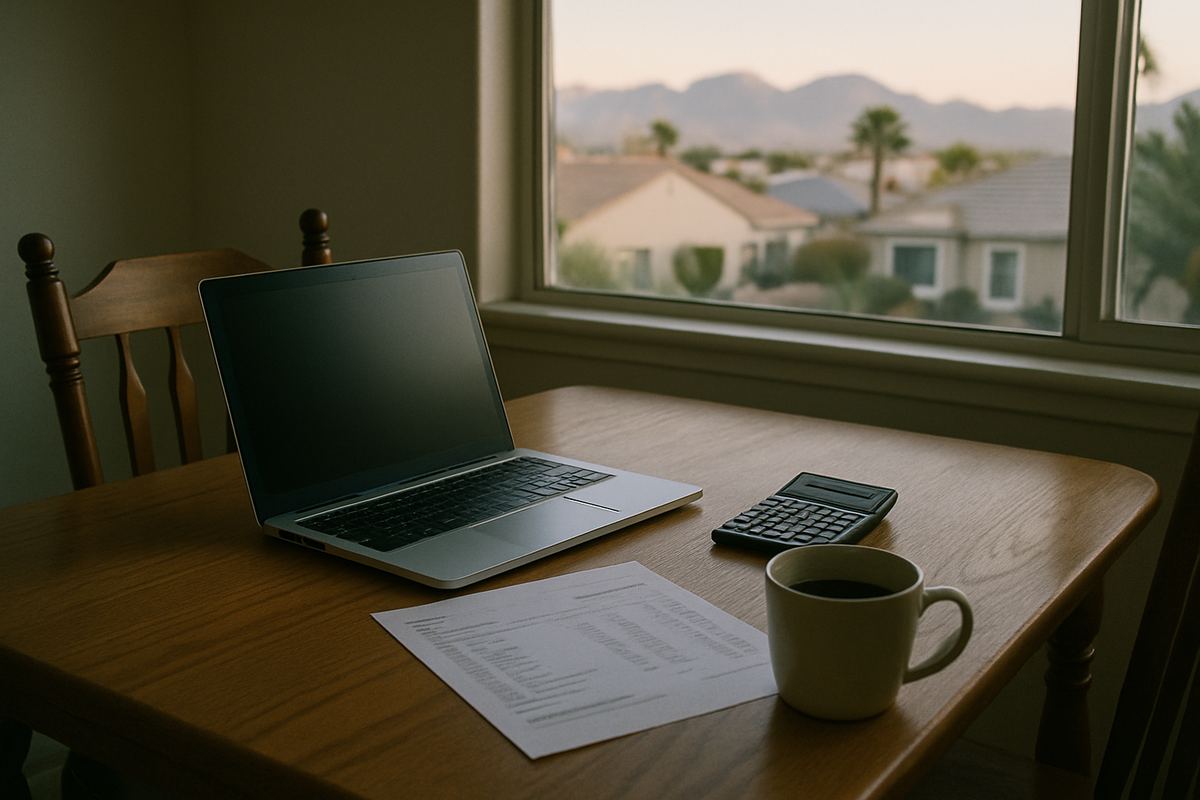 Kitchen table with a bank statement, calculator and coffee