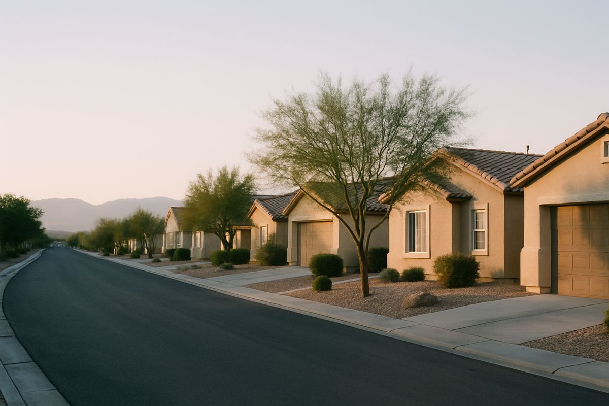 Modest stucco homes with rock yards on a Las Vegas street