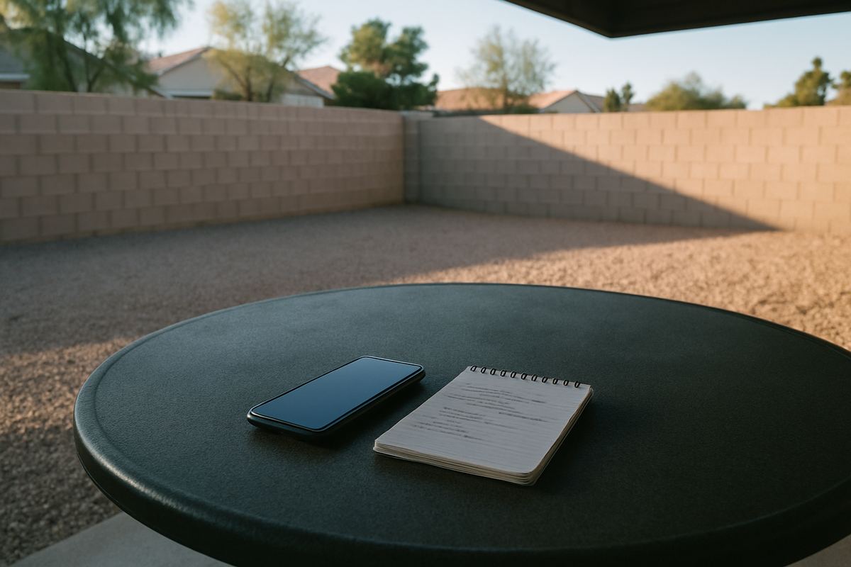 Notepad and phone on a shaded patio table