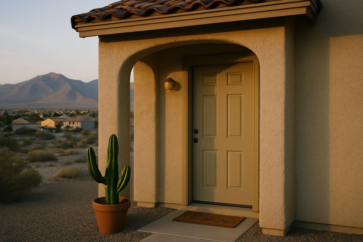 Covered front entry of a stucco home with a potted cactus