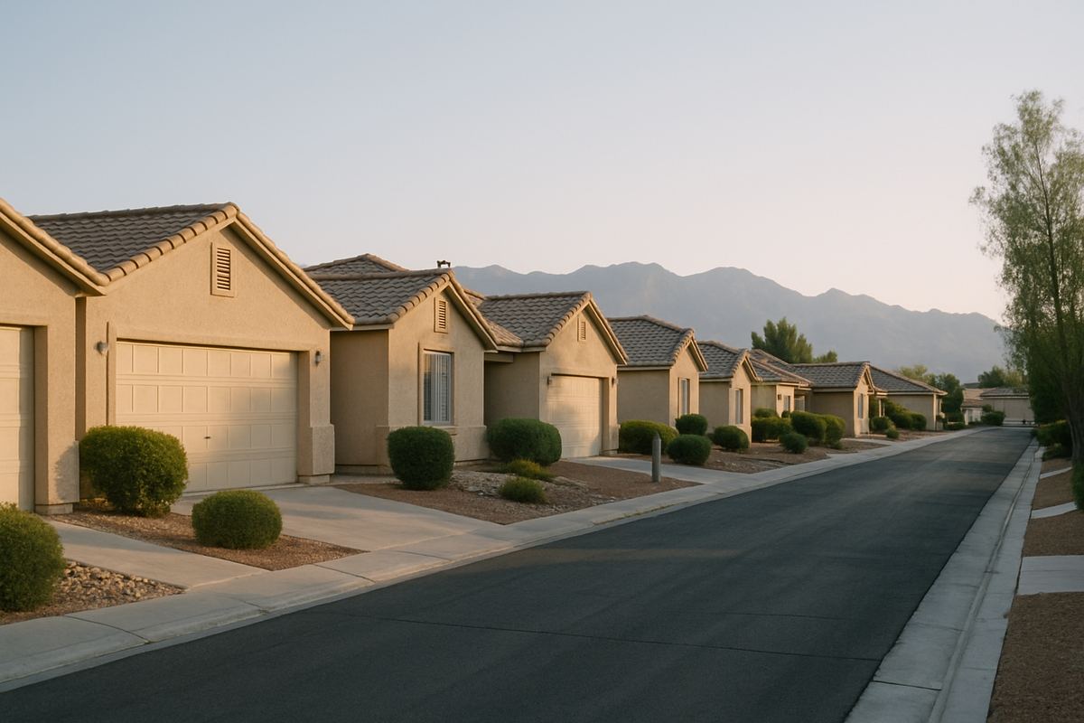 Row of single-story stucco homes on a sunny Las Vegas street