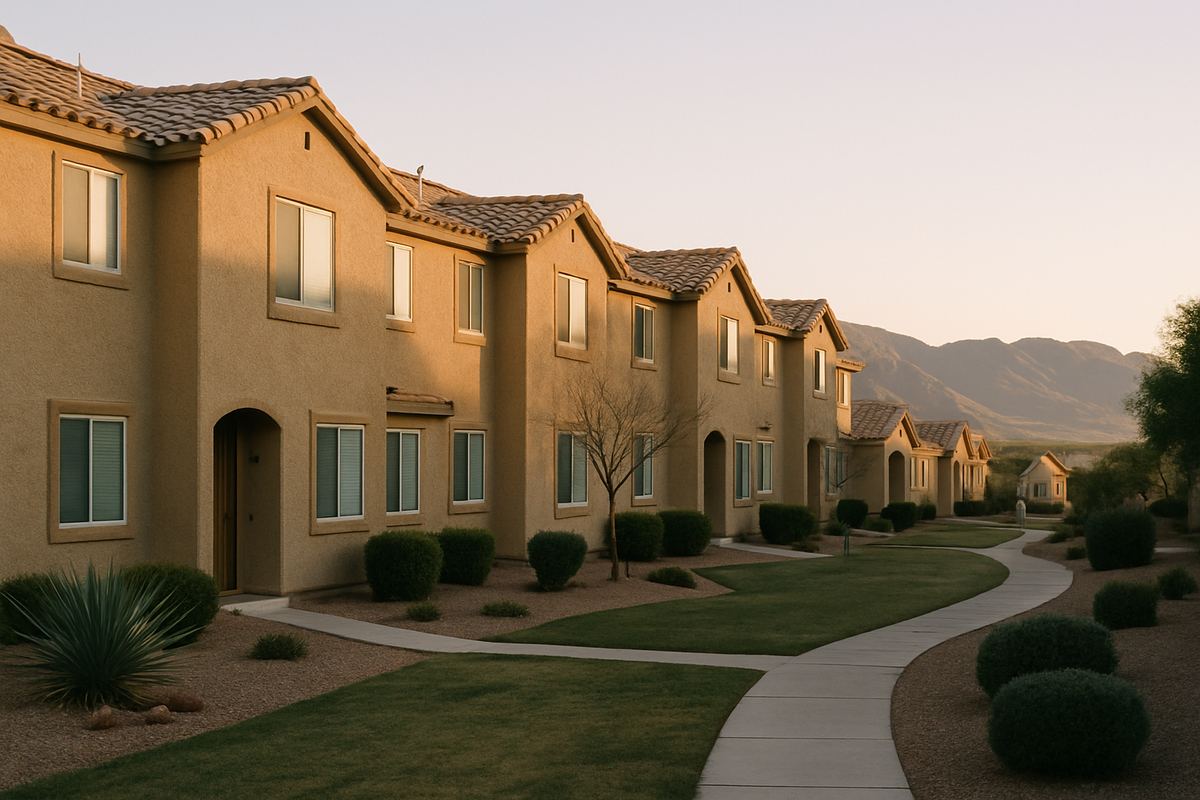Stucco townhomes with tile roofs beside a shared common area