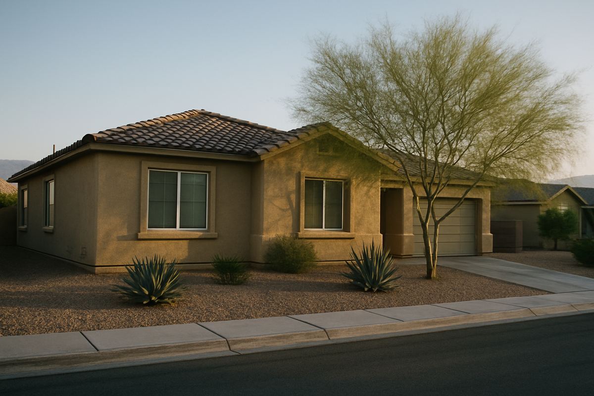 Casa de un piso de estuco con jardín desértico en una calle tranquila de Las Vegas