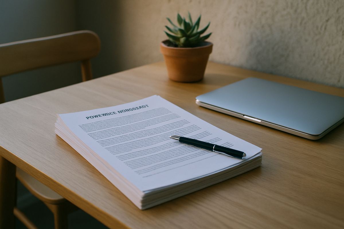 Purchase agreement pages and a pen on a dining table