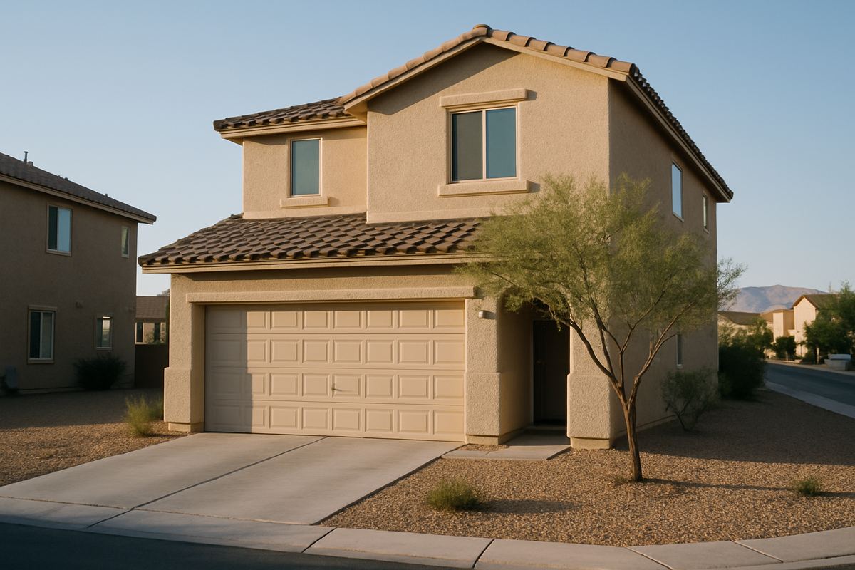 Two-story stucco tract home with a gravel front yard
