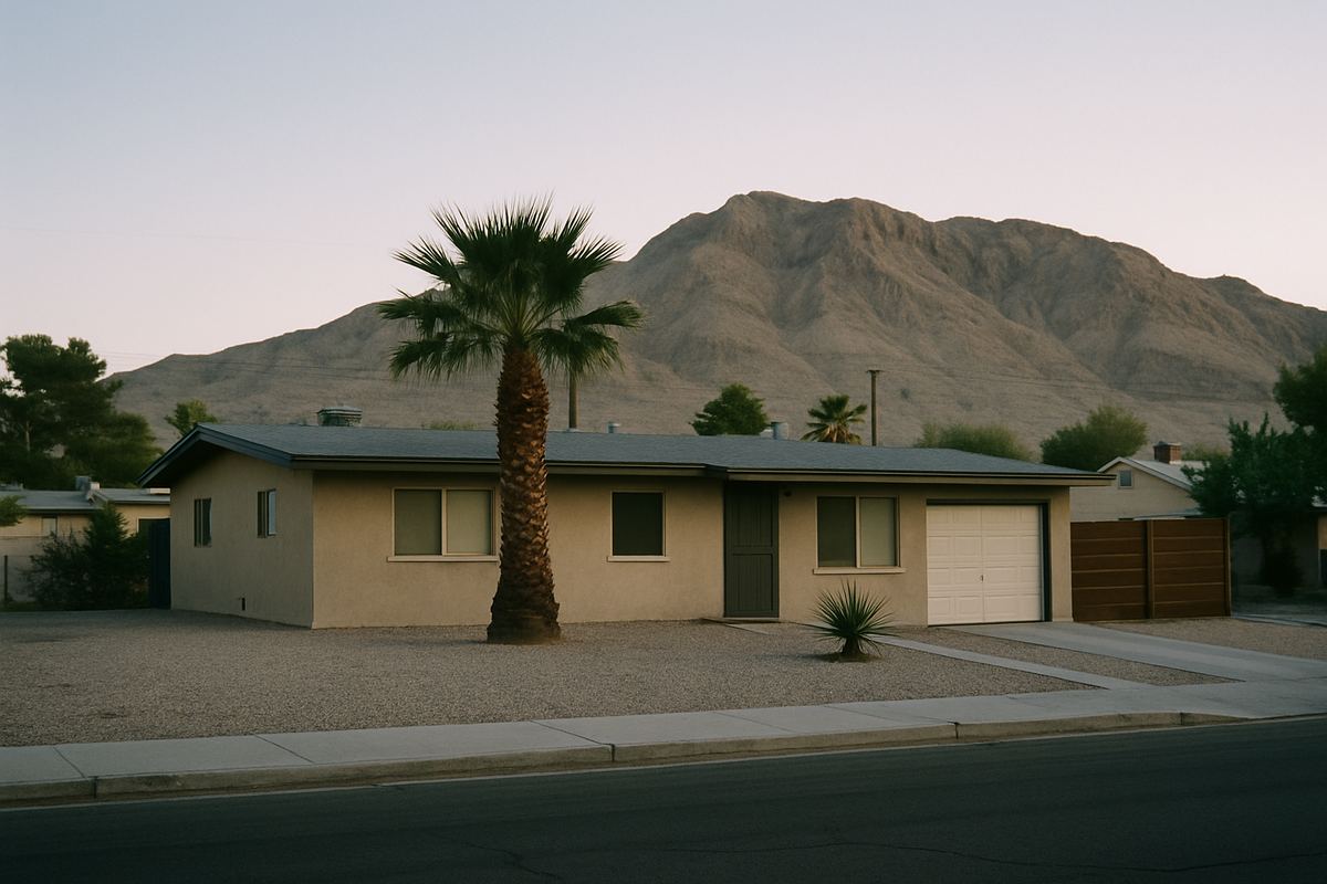 Older stucco home in East Las Vegas with Frenchman Mountain behind
