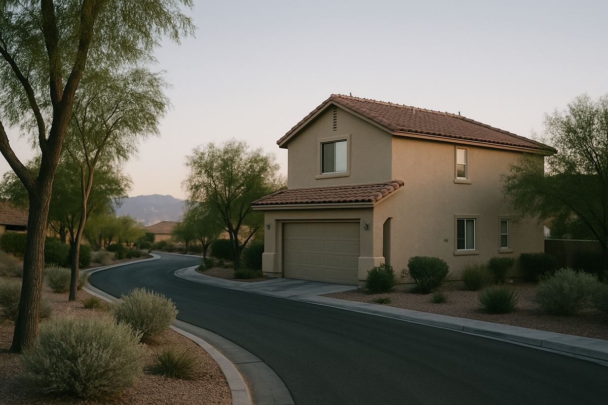 Two-story stucco home on a curving Henderson street