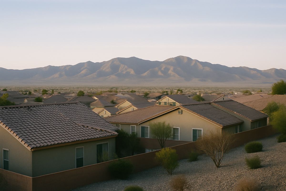 Hillside rooftops in south Henderson with mountains in the distance