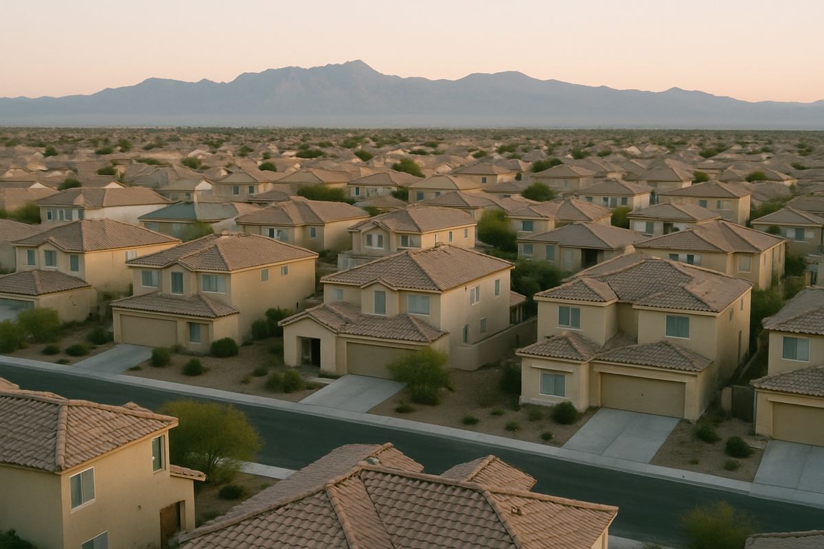 Stucco homes spread across the Las Vegas valley with mountains behind