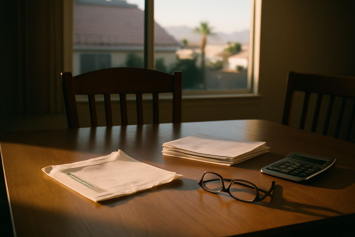 Kitchen table with opened mail, papers and a calculator