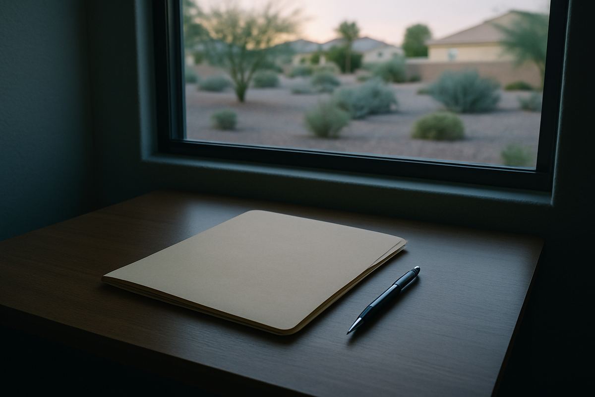 Closed folder and pen on a tidy desk