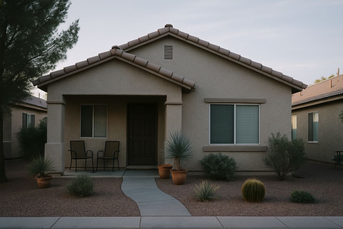 Single-story stucco home with a shaded porch and desert plants