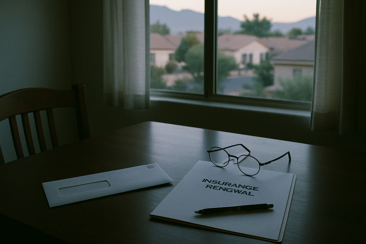 Dining table with tax and insurance paperwork and reading glasses