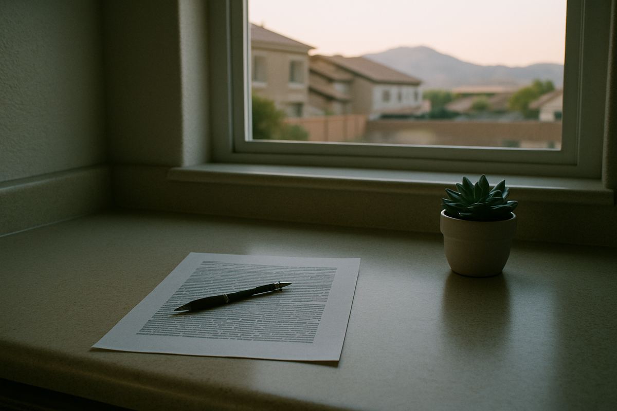 Printed document and pen on a kitchen counter