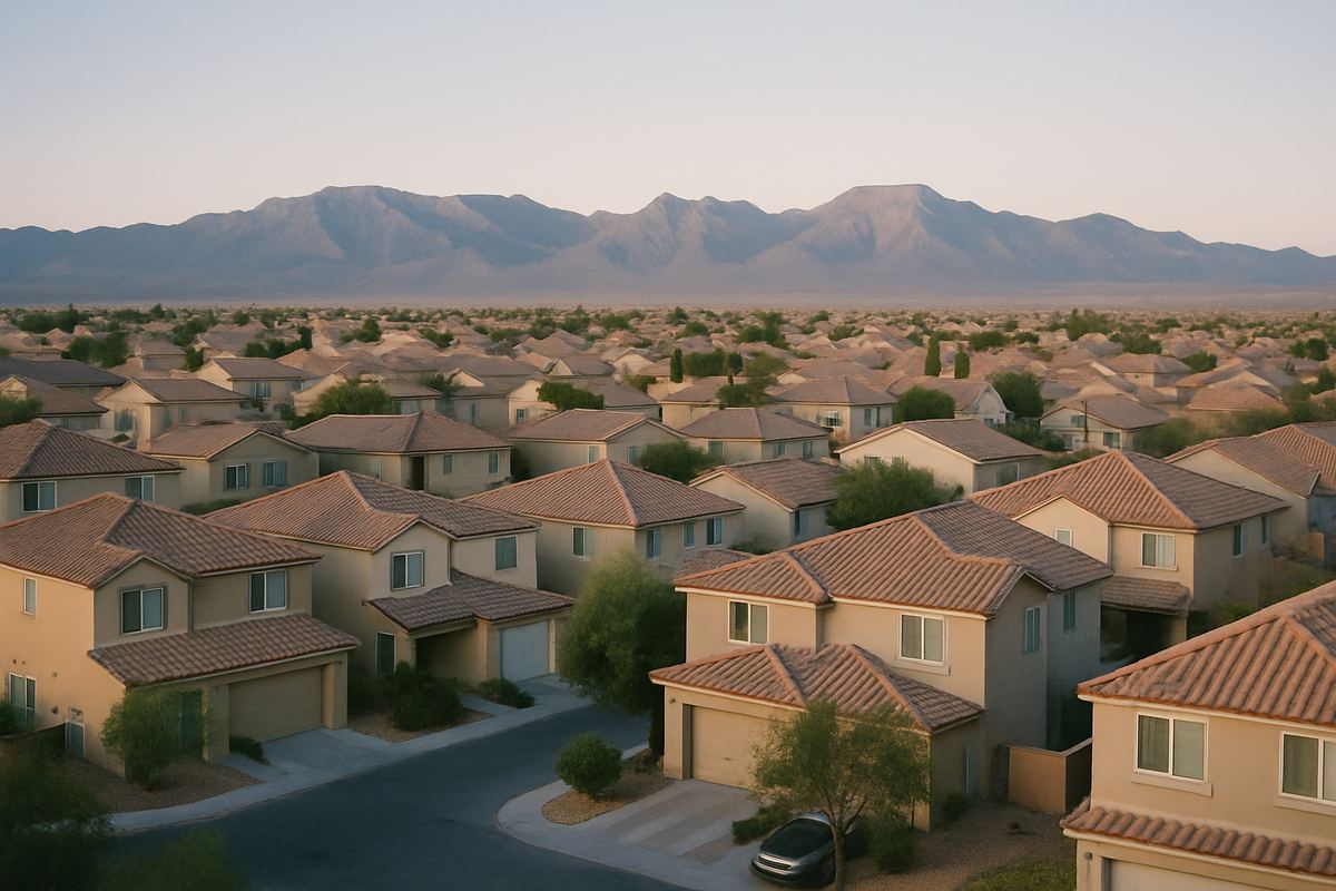 Las Vegas valley neighborhood of tile-roofed homes with mountains beyond