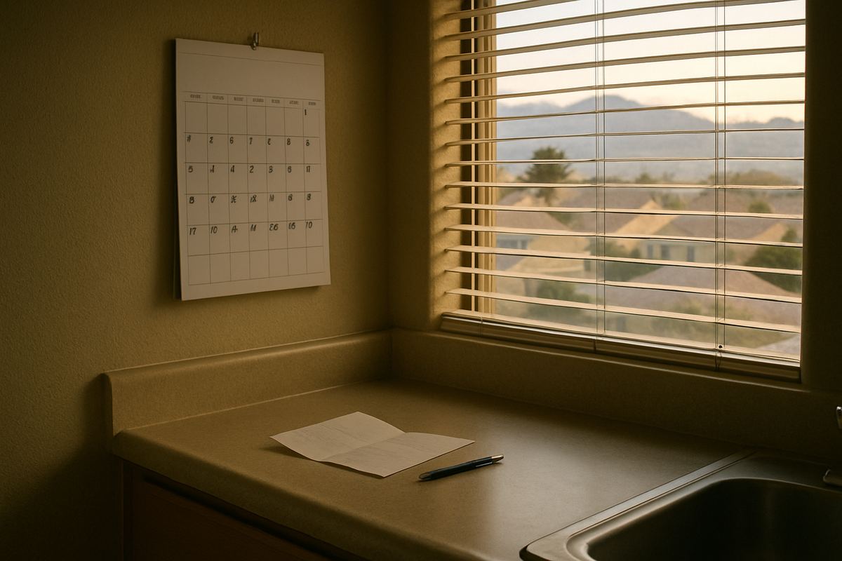 Wall calendar and folded letter on a kitchen counter