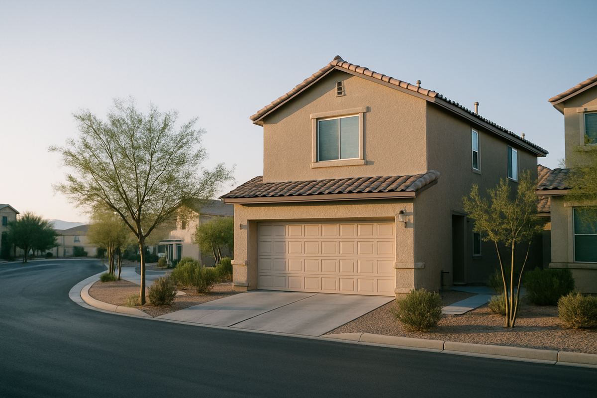 Two-story stucco tract home on a wide Las Vegas valley street