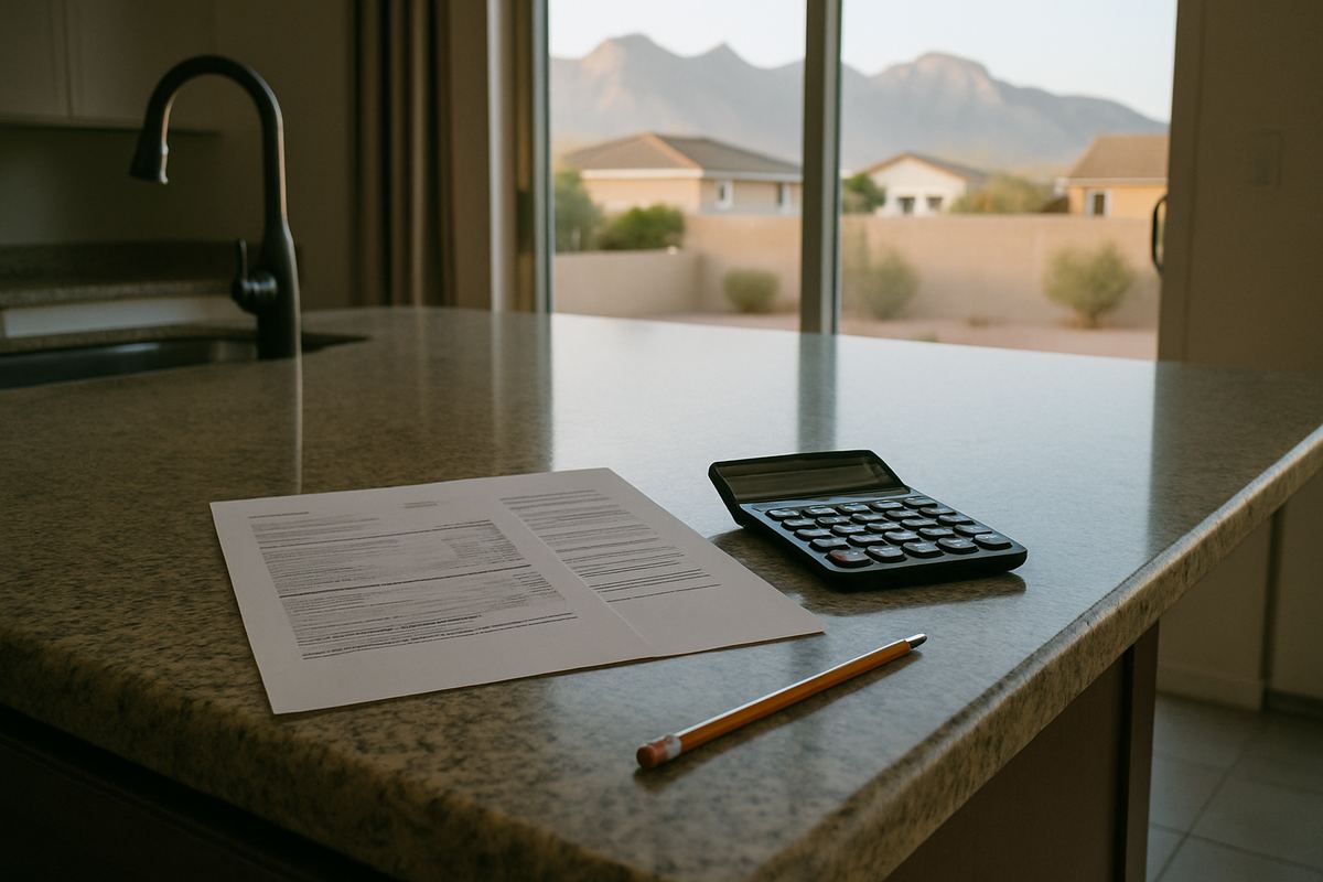 Two printed statements and a calculator on a kitchen counter