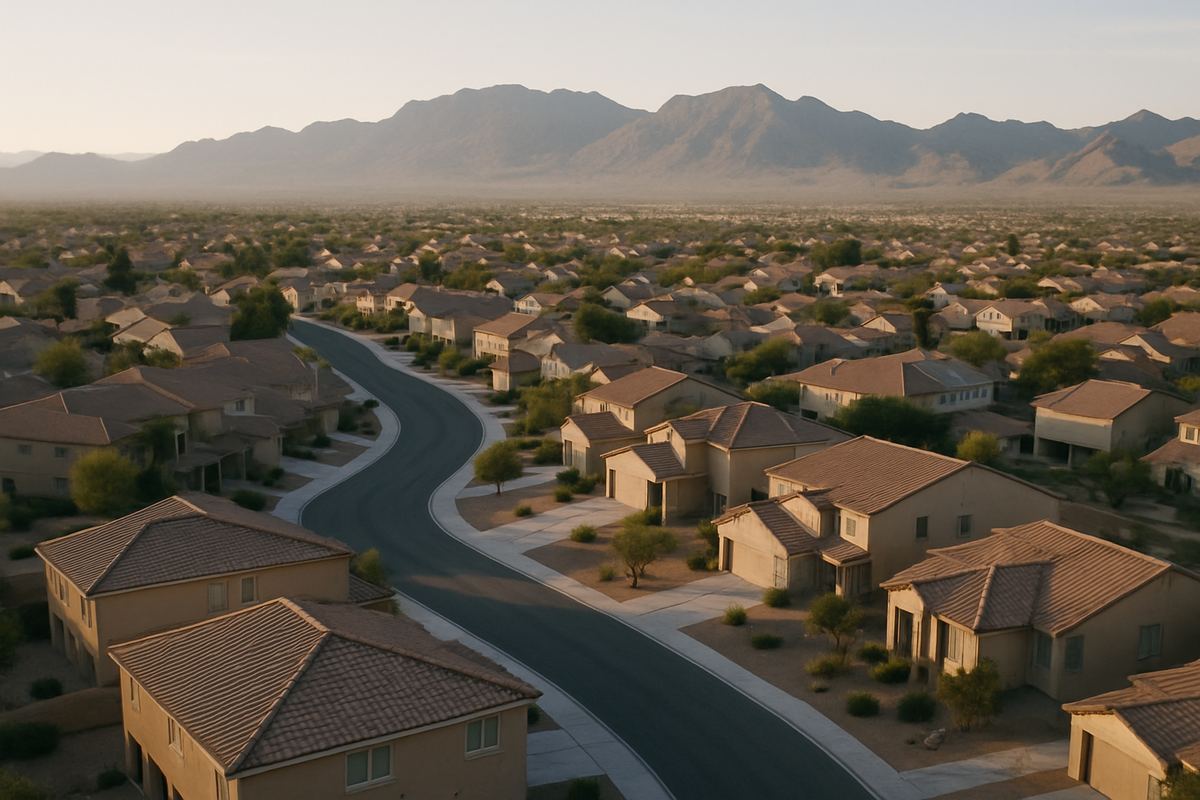 Las Vegas valley neighborhood of stucco homes with mountains behind