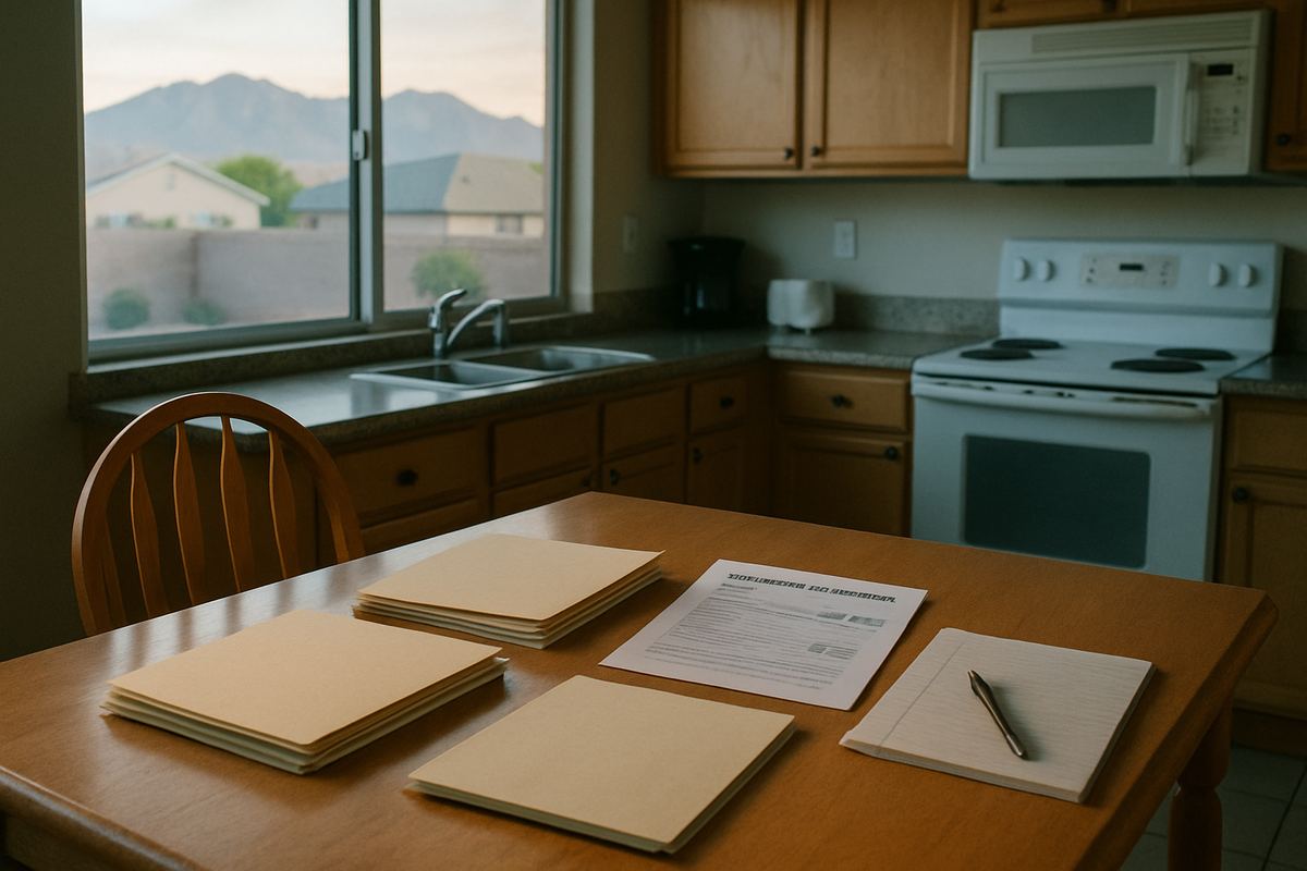 Neatly sorted folders and a notepad on a kitchen table